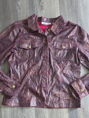 Snake-Effect Shimmer Pink Jean Jacket with Gold-Tone Buttons